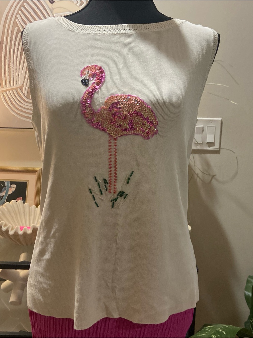 Women’s White Sleeveless Top with Pink Sequin Flamingo